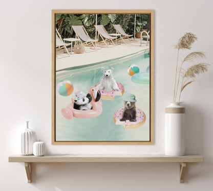 Pool Party Animals Whimsical Framed Canvas Wall Art