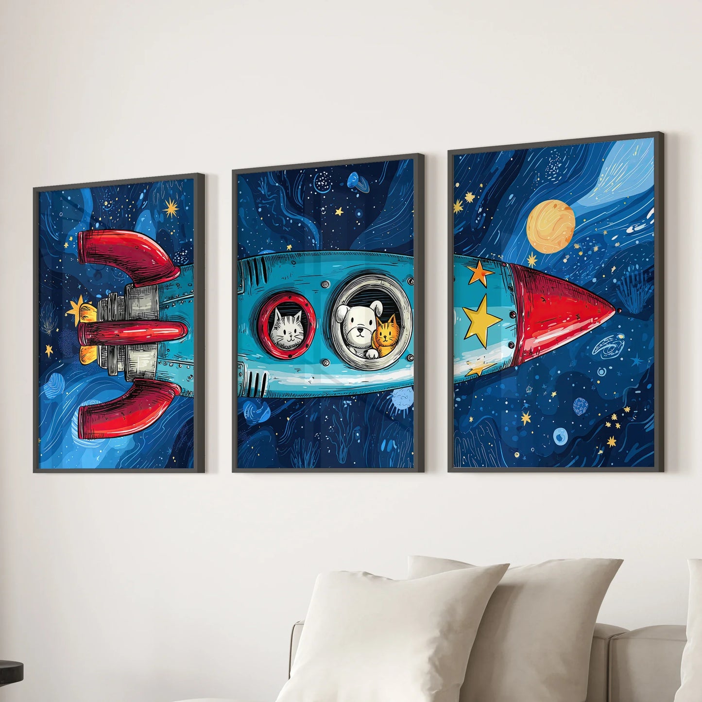 Outer Space Wall Art Set of 3 Rocket and Stars Nursery Prints