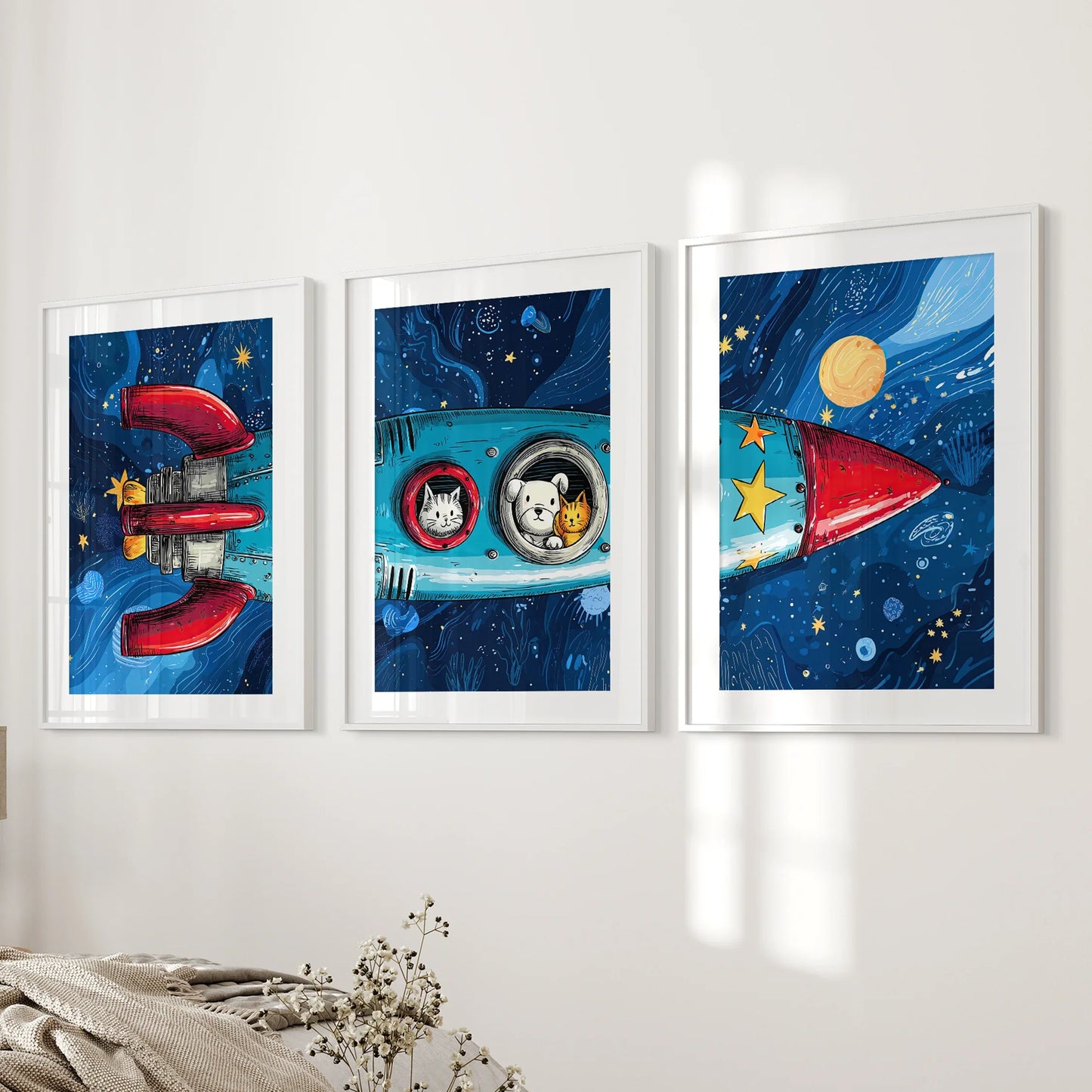 Outer Space Wall Art Set of 3 Rocket and Stars Nursery Prints