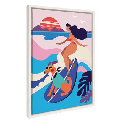 Mid Century Modern Surf Dog Framed Canvas Wall Art