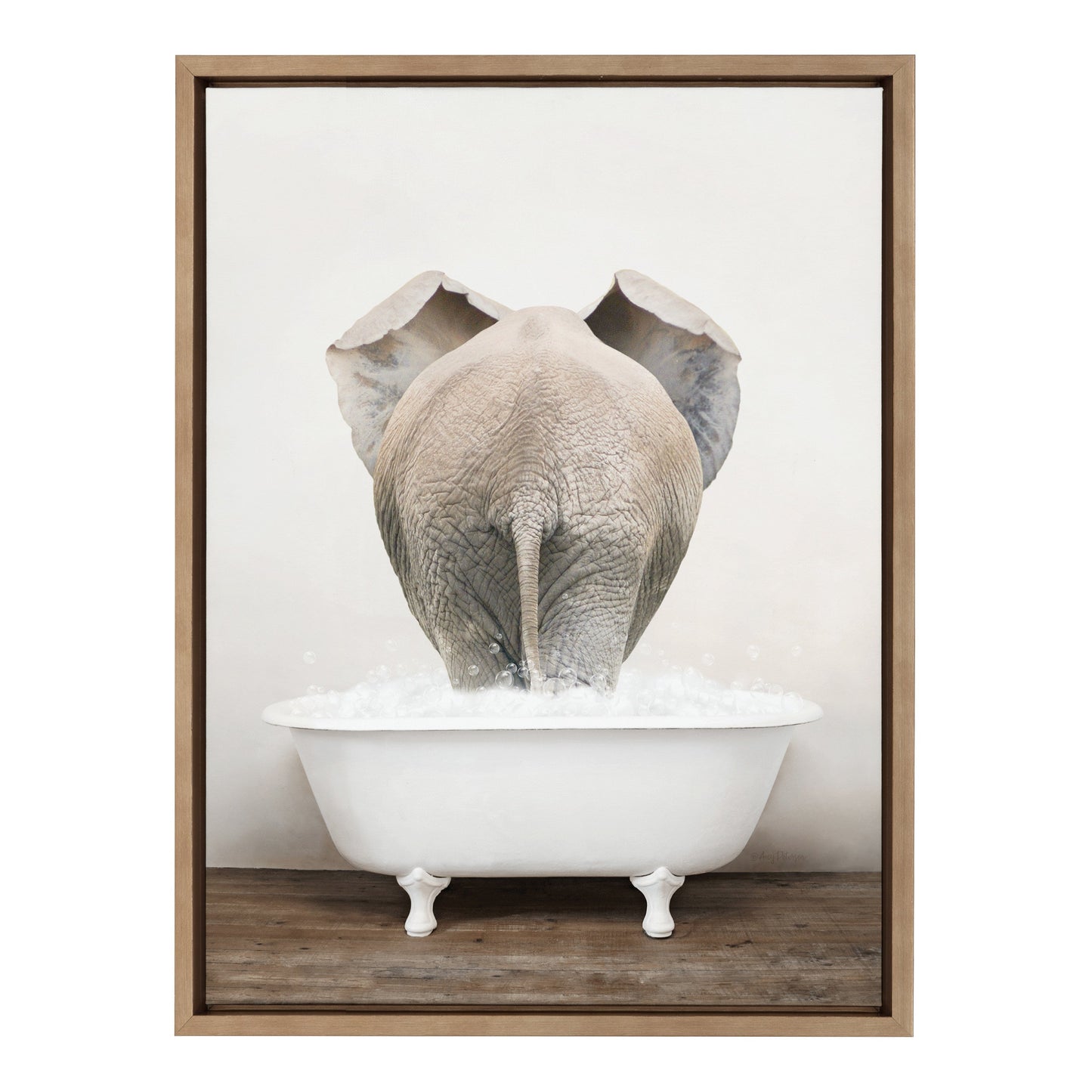 Elephant Back in Rustic Bath Framed Canvas Wall Art
