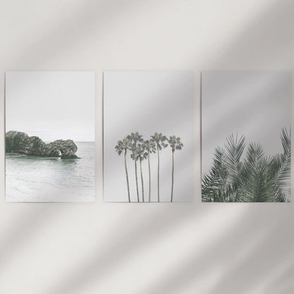 Modern Coastal Wall Art Set of 3 Ocean and Palm Prints