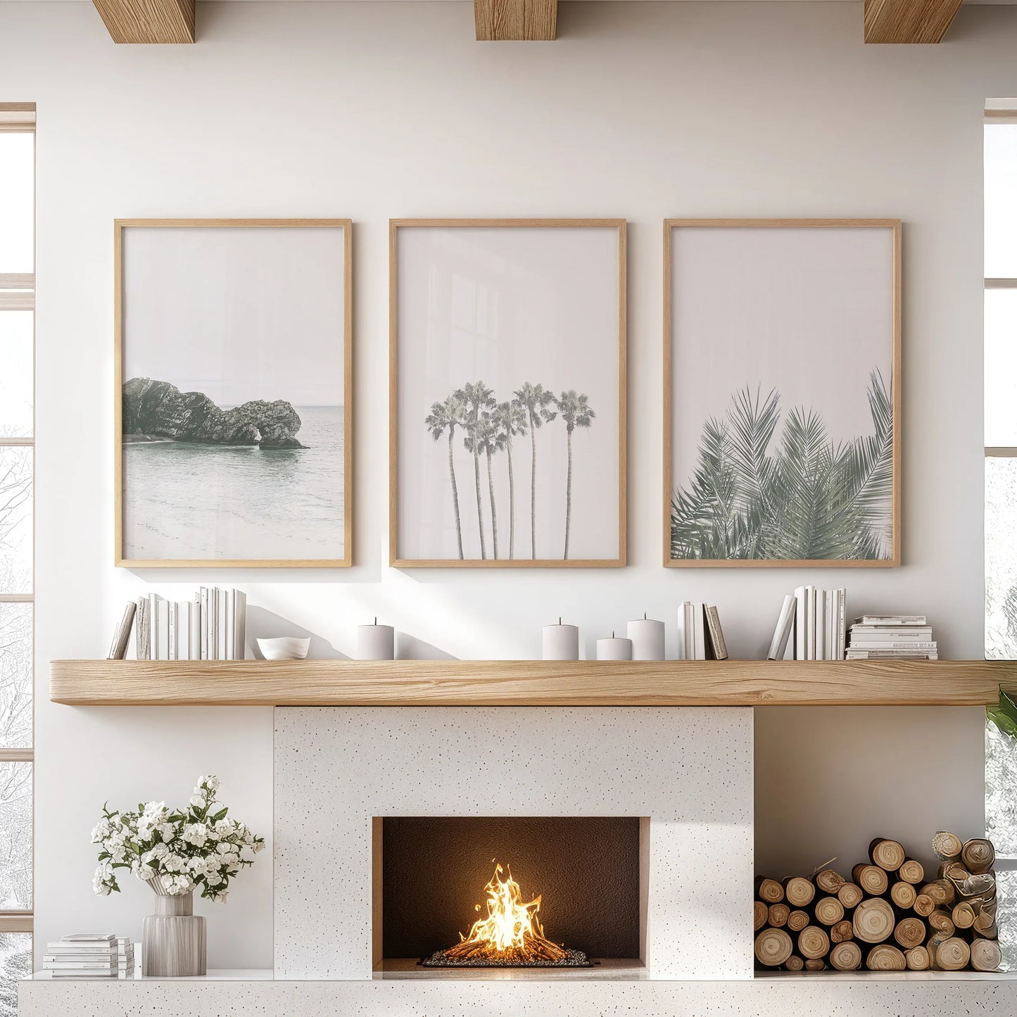 Modern Coastal Wall Art Set of 3 Ocean and Palm Prints
