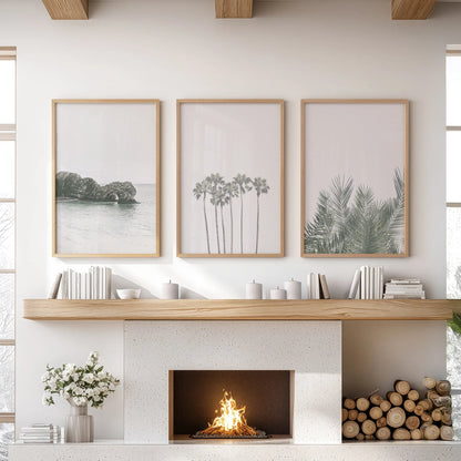 Modern Coastal Wall Art Set of 3 Ocean and Palm Prints