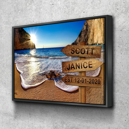 Personalized names and date beach sign canvas wall art, custom coastal gift