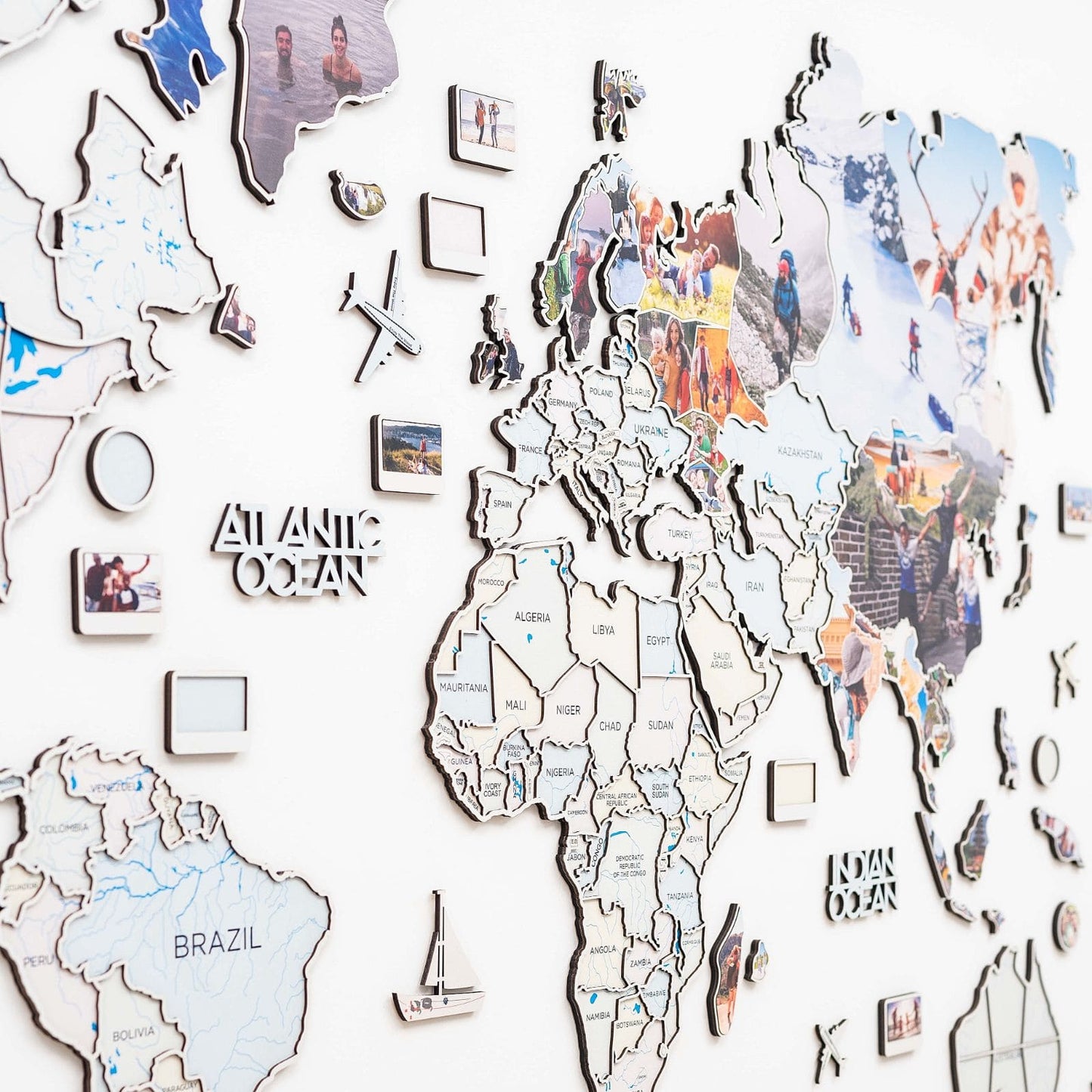 Pastel Wood World Map Wall Art With Photo Frames