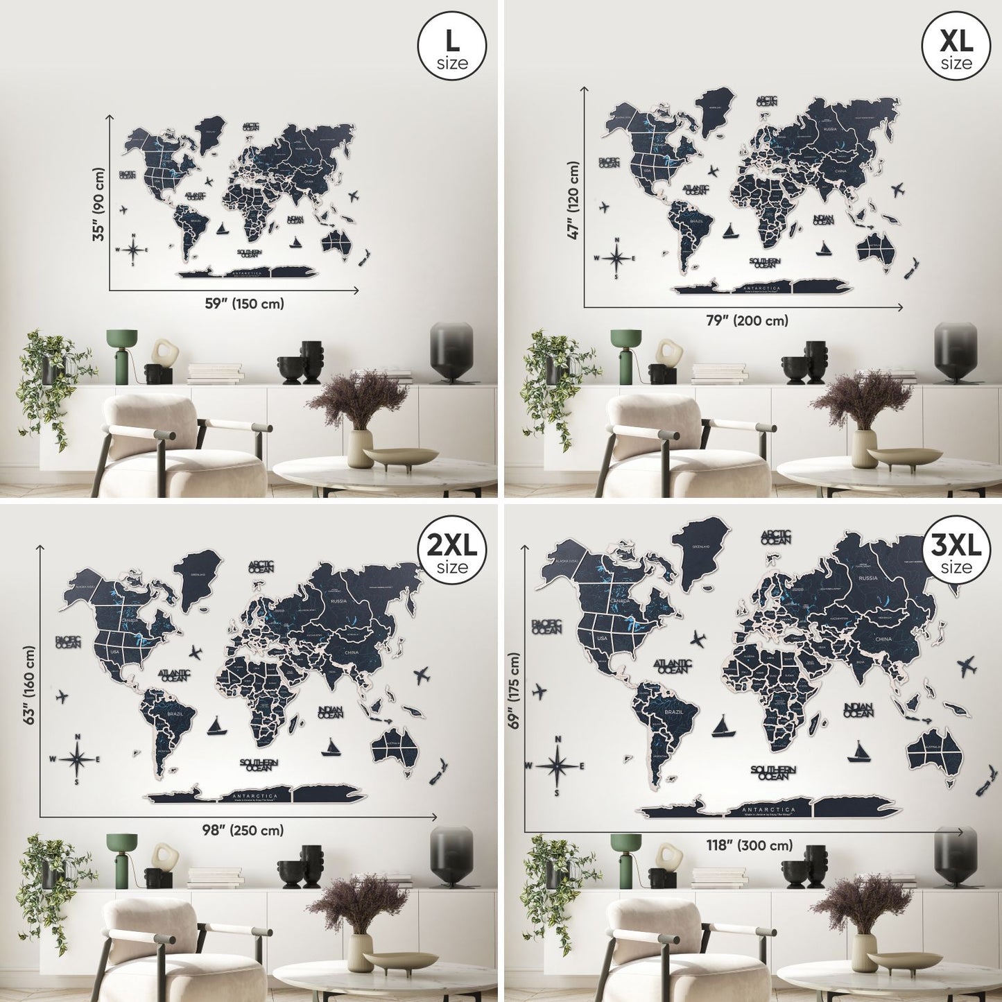Midnight Wood World Map Wall Art With Photo Frames