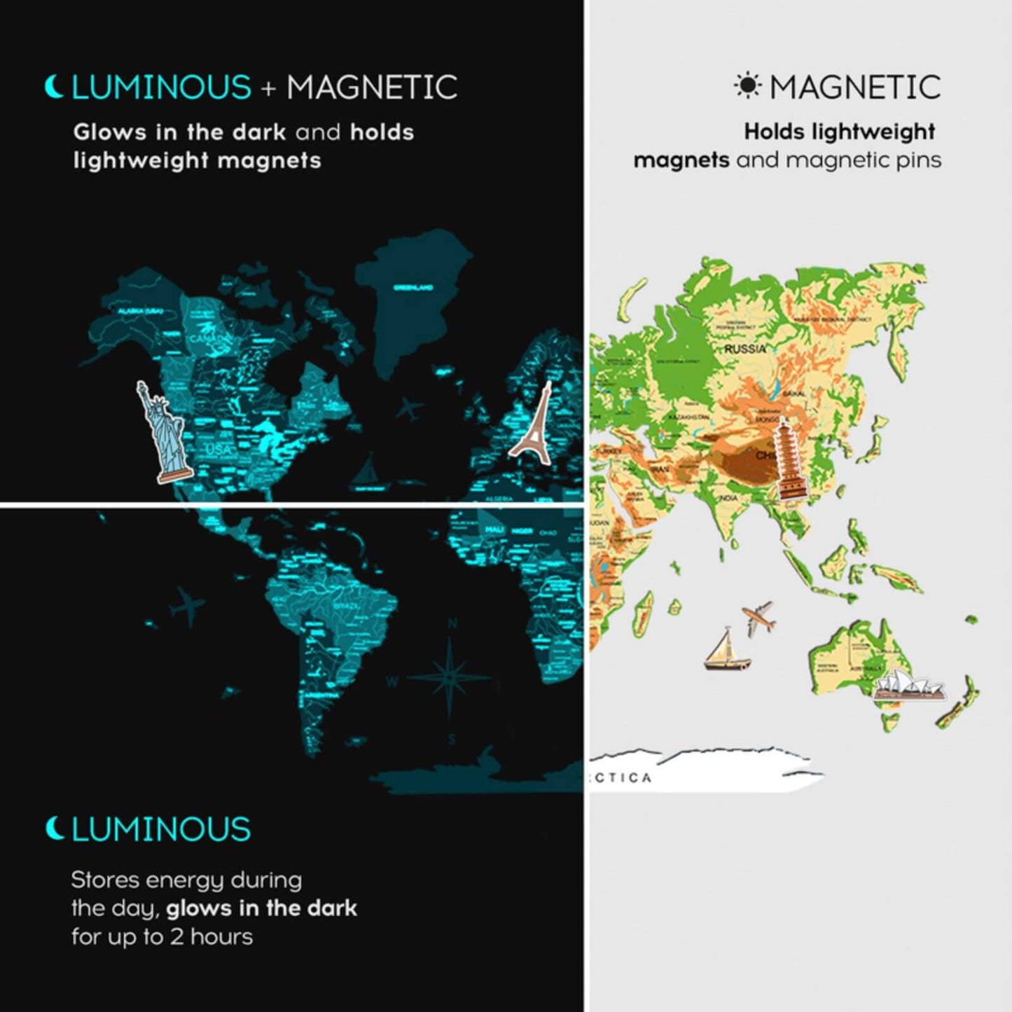 3D Wooden Luminous World Map Wall Art - Physical
