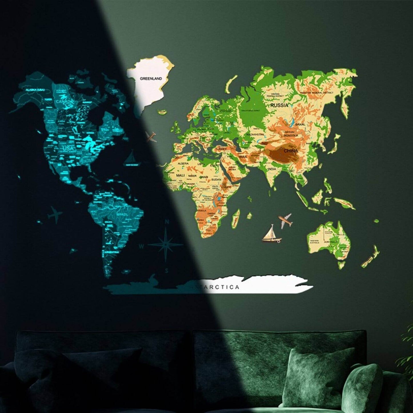 3D wooden luminous world map wall art in Physical palette