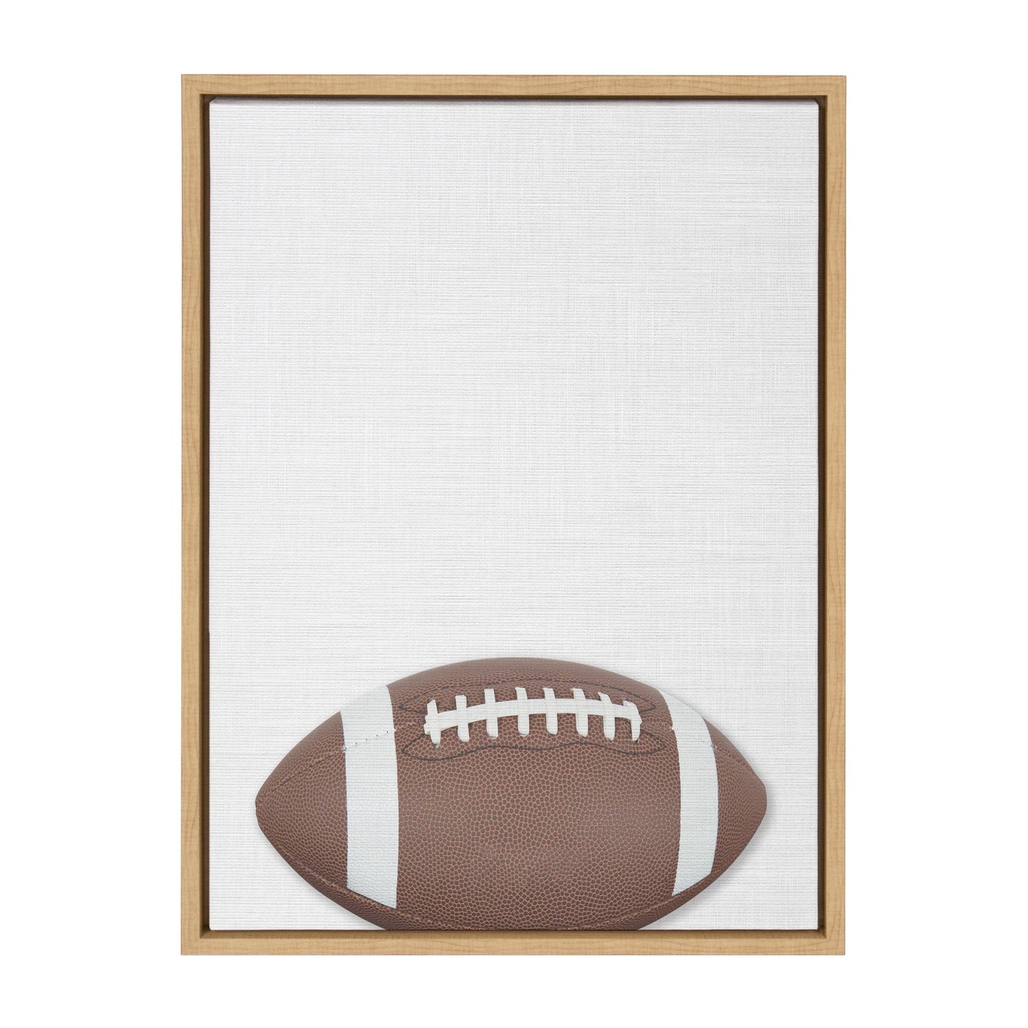 Colorful football framed canvas wall art in a natural wood frame, ready to hang