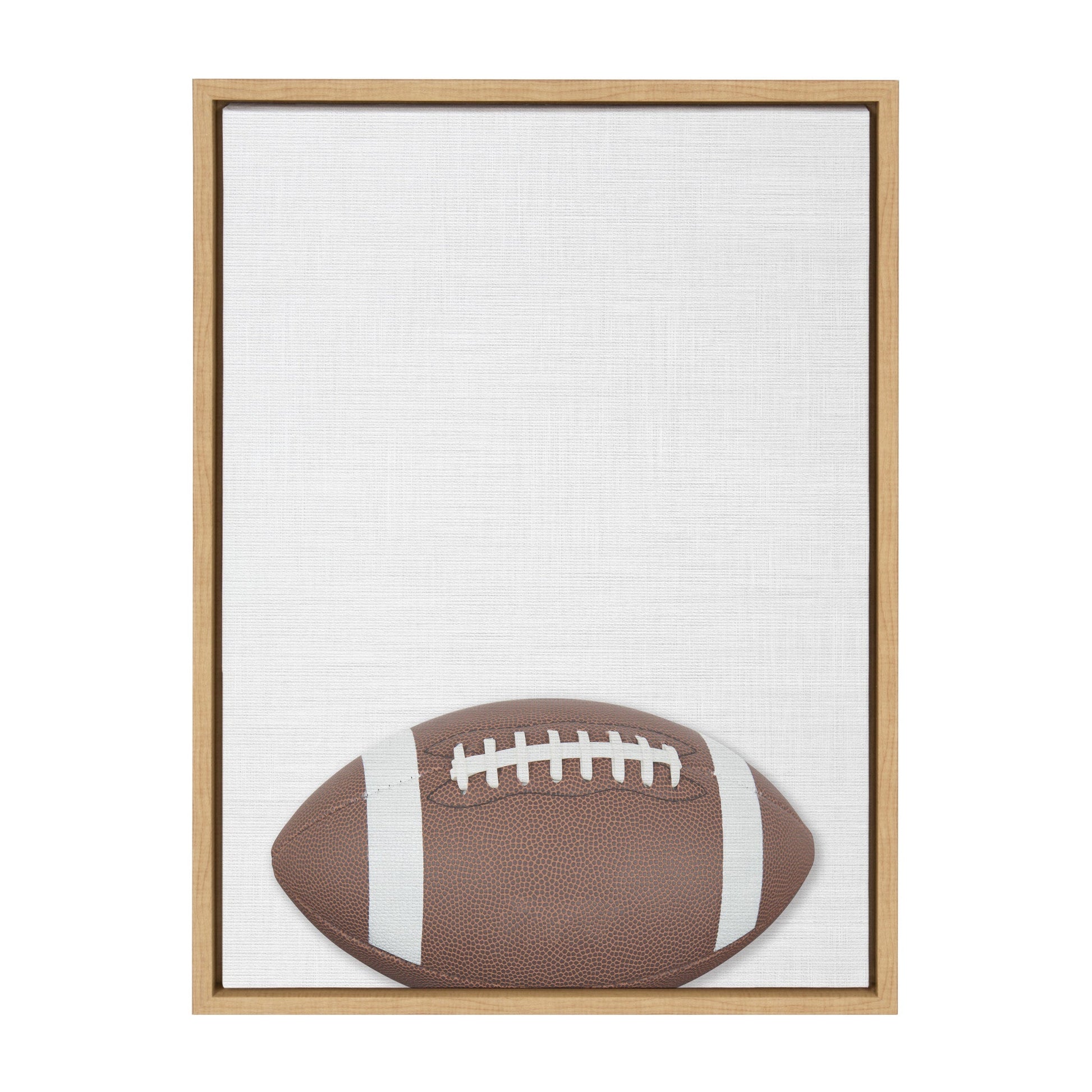 Colorful football framed canvas wall art in a natural wood frame, ready to hang