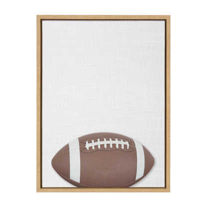 Colorful football framed canvas wall art in a natural wood frame, ready to hang