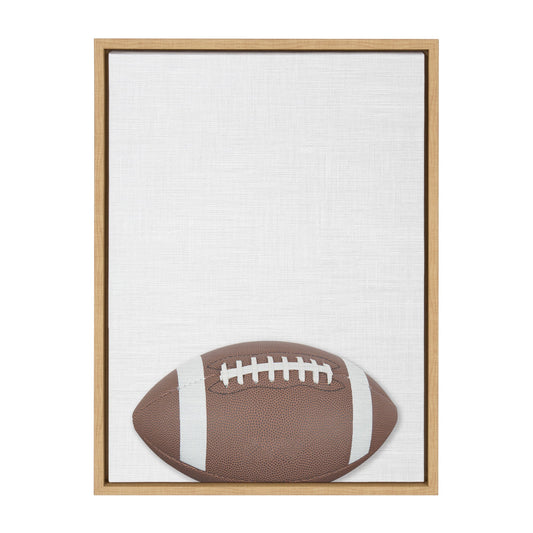 Colorful football framed canvas wall art in a natural wood frame, ready to hang