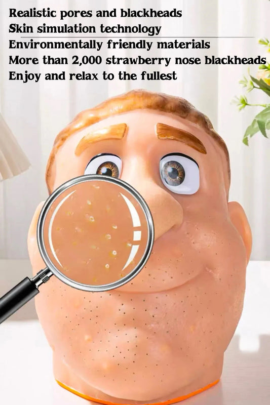 pimple popper toy with a magnifying glass showing pores and blackheads, featuring text about skin simulation technology and environmentally friendly materials.