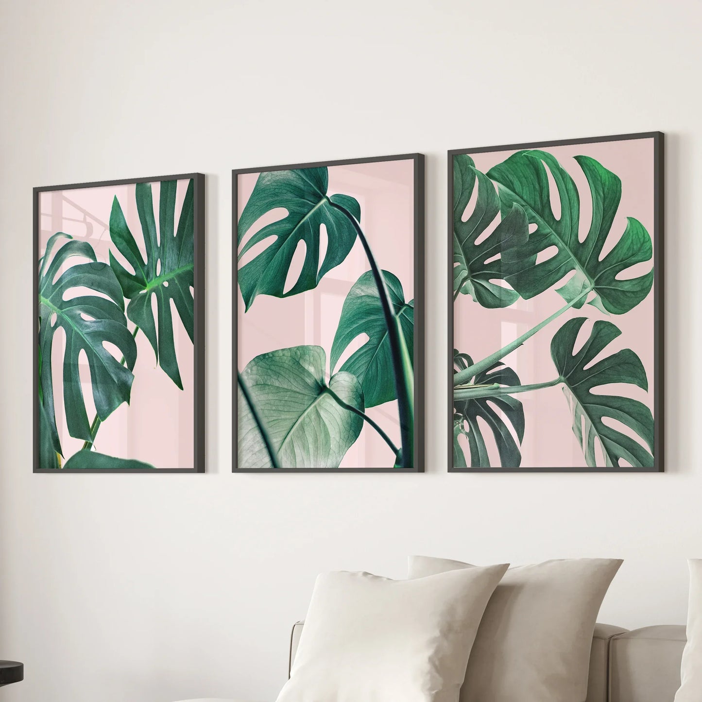 Pink Botanical Wall Art Set of 3 Green Monstera Prints