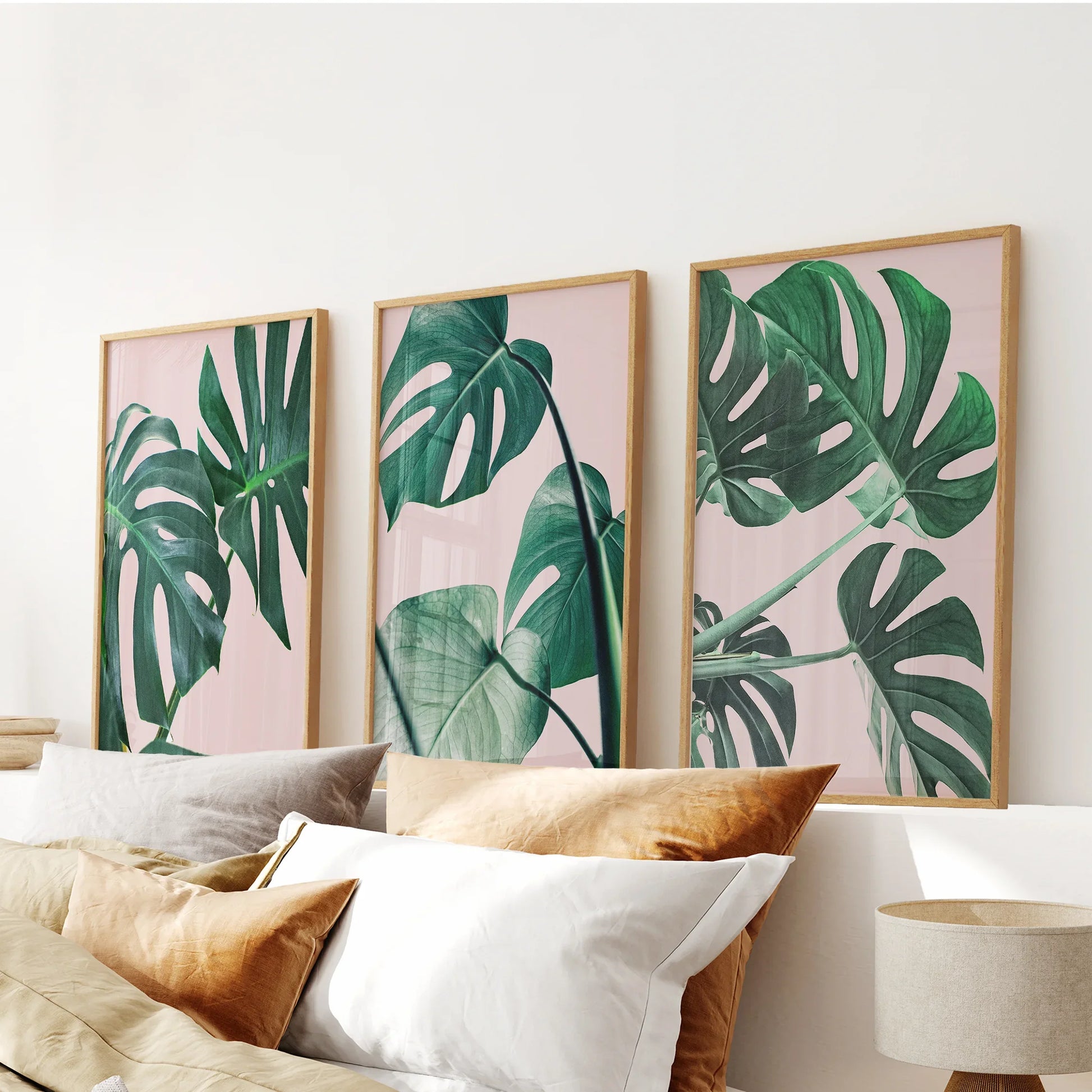 Pink botanical green monstera wall art set of 3 prints