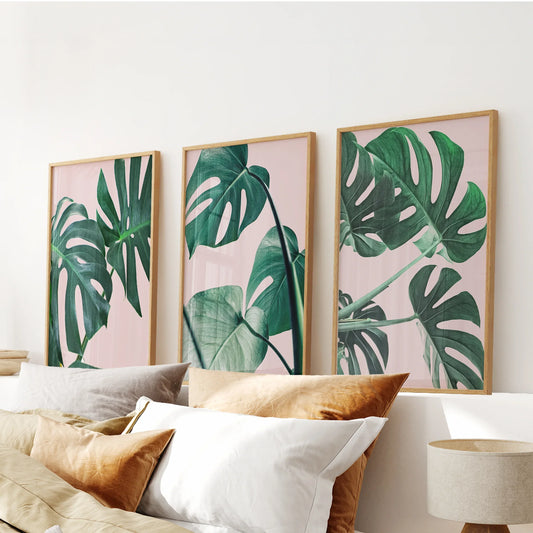 Pink botanical green monstera wall art set of 3 prints
