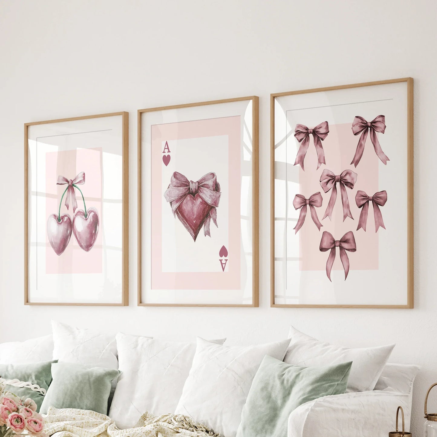 Coquette Cherry Wall Art Set of 3 Pink Romantic Decor