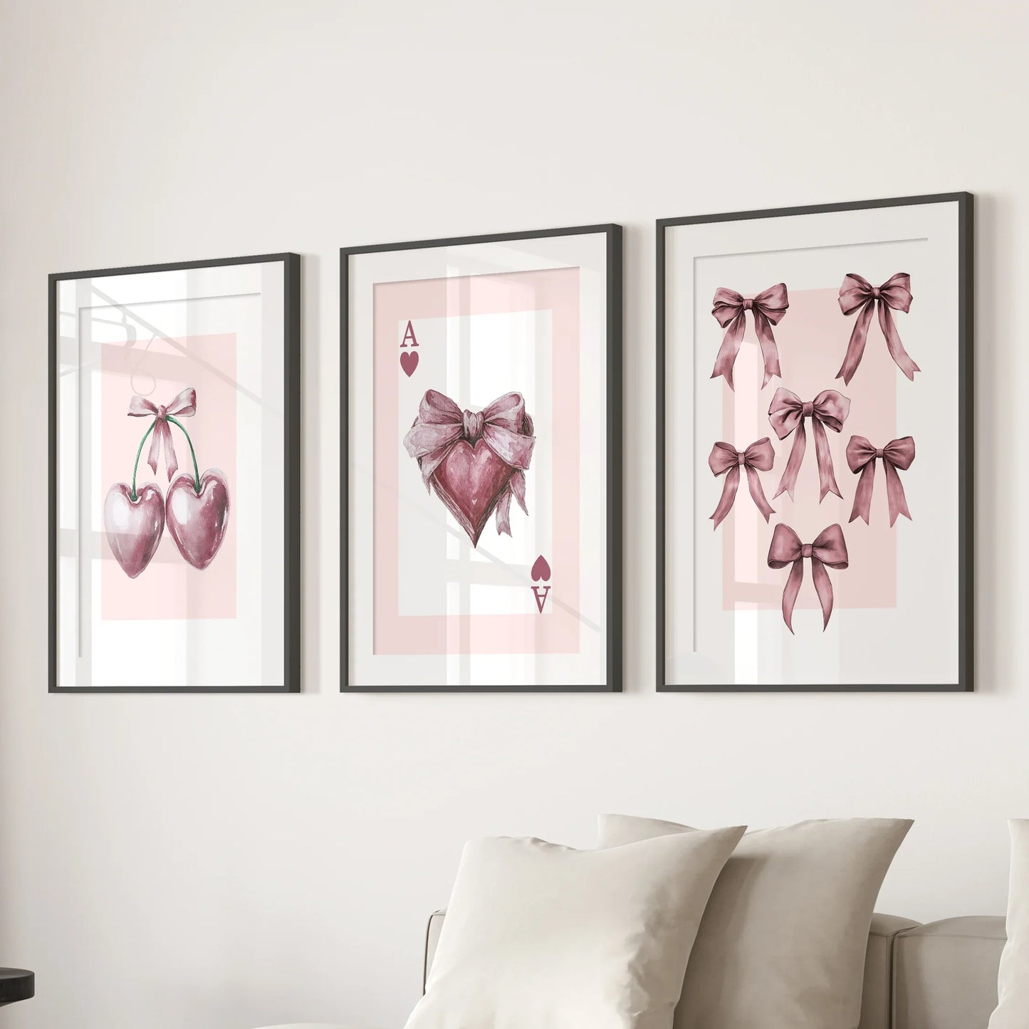 Coquette Cherry Wall Art Set of 3 Pink Romantic Decor