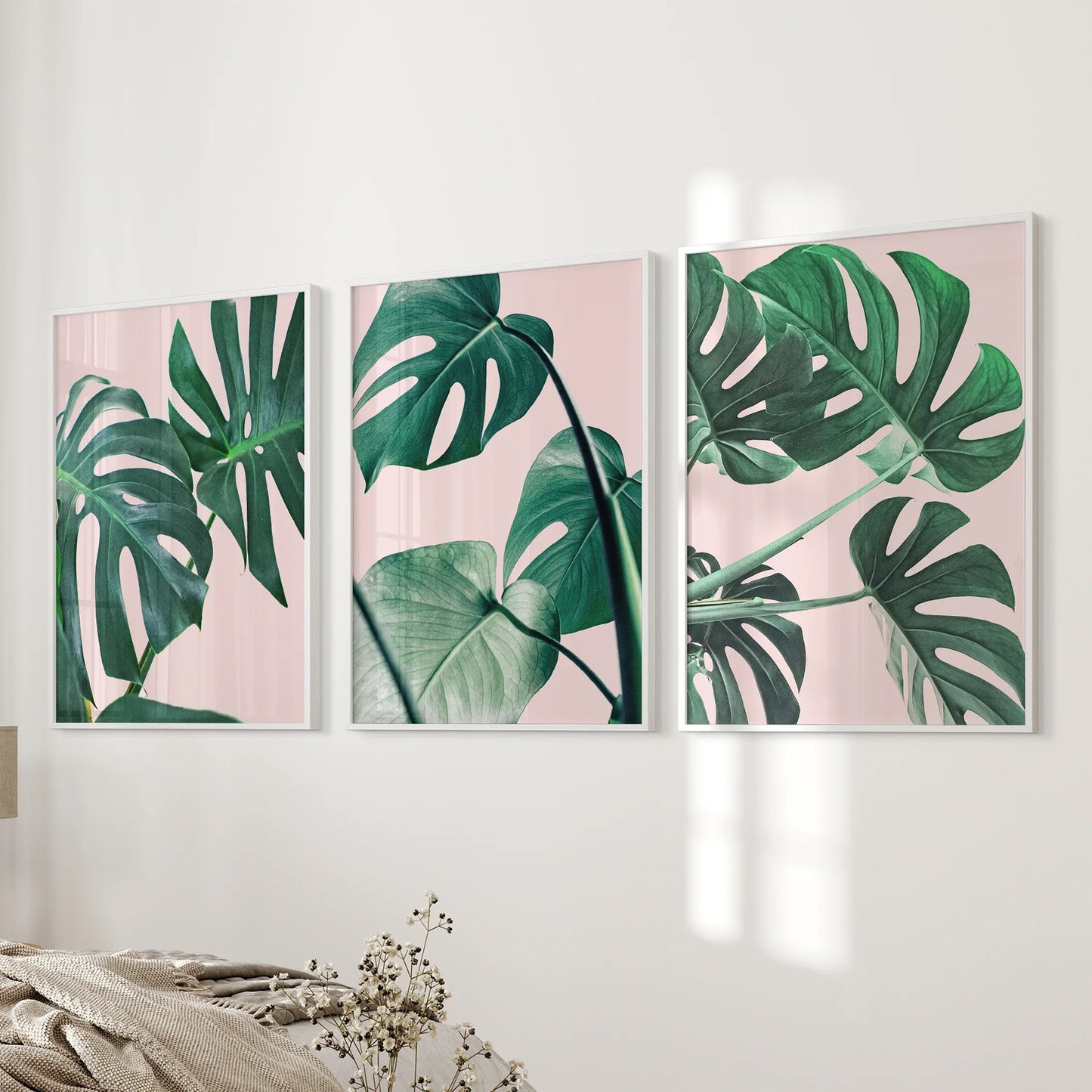 Pink Botanical Wall Art Set of 3 Green Monstera Prints