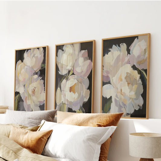 Moody pink and white peony floral wall art set of 3 prints