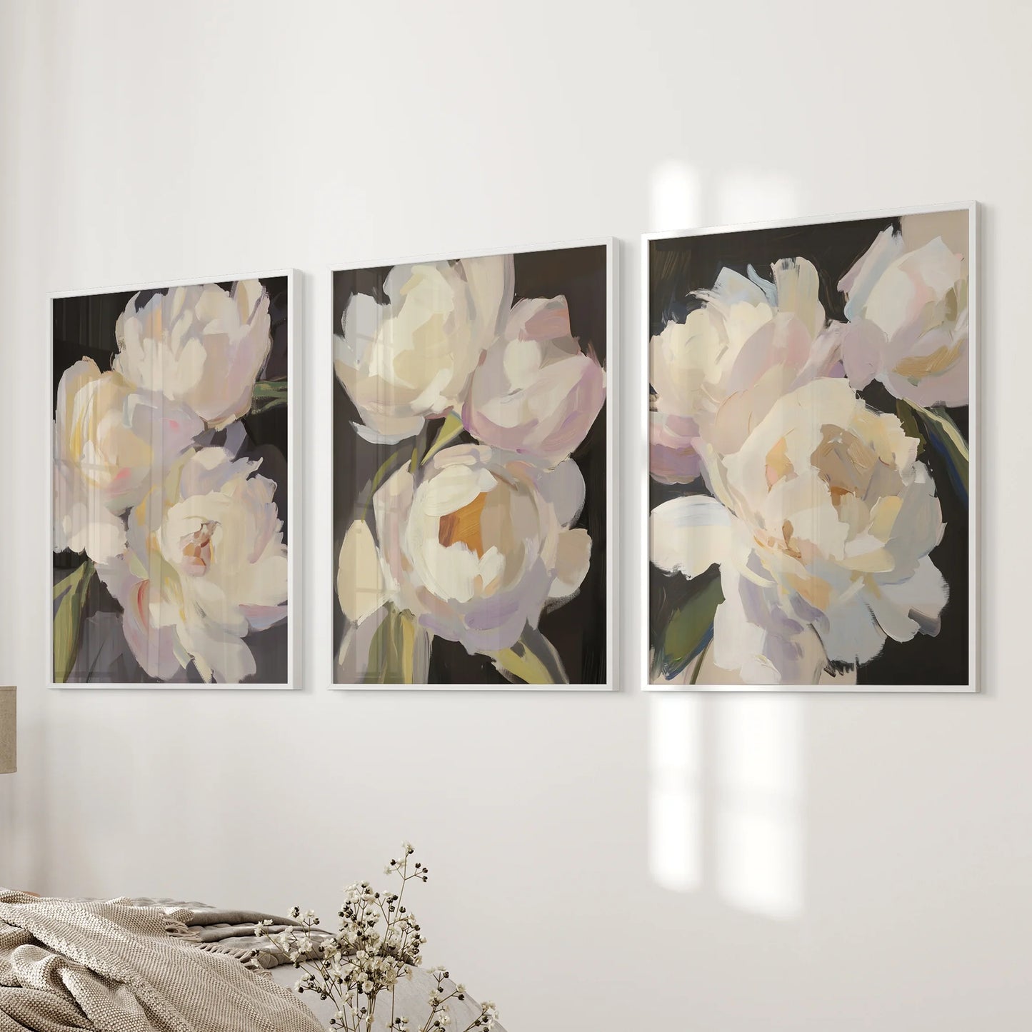 Moody Peony Wall Art Set of 3 Pink and White Floral Prints