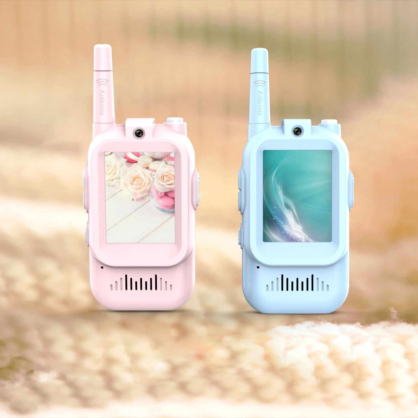 pink blue and blue walkie-talkies shown together with decorative screens on a soft background