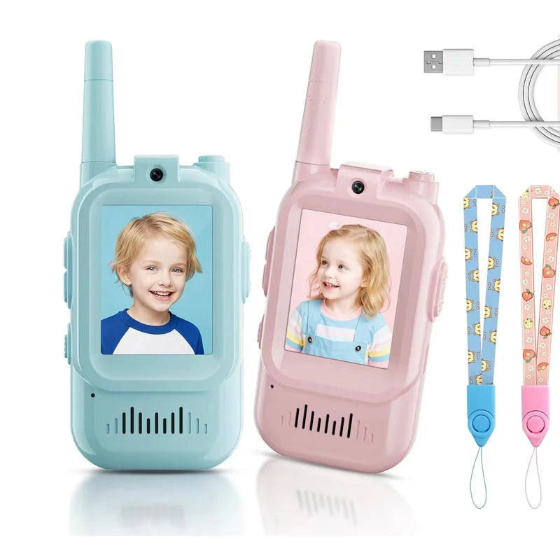 pink blue kids walkie-talkie set shown with matching lanyards and clear child photos on the screens