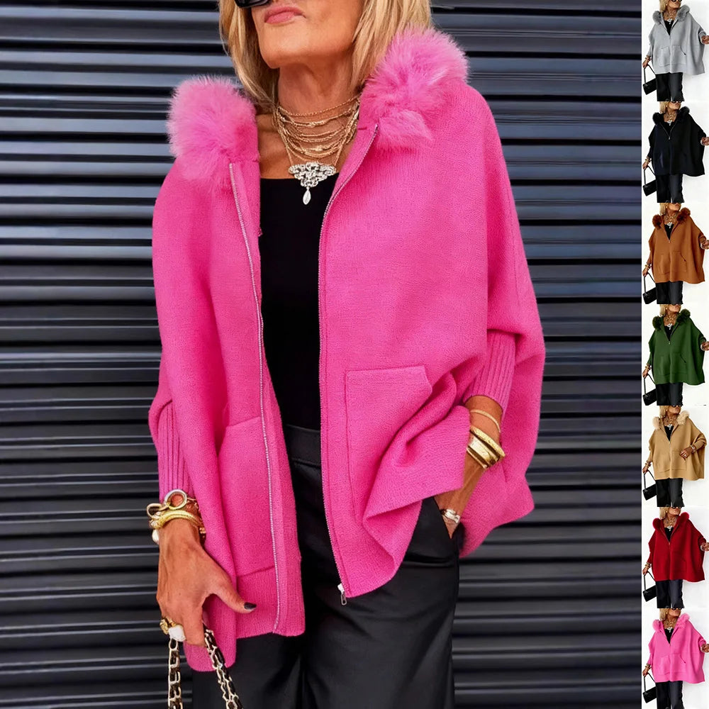 pink faux fur trim hooded cape cardigan
