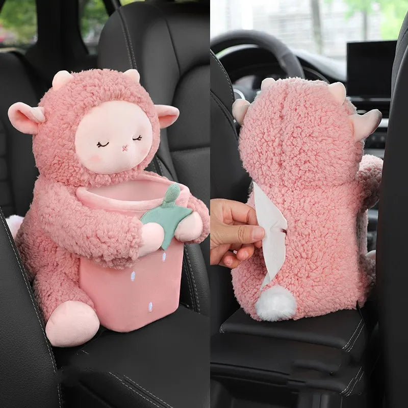 pink sheep plush car tissue box on armrest