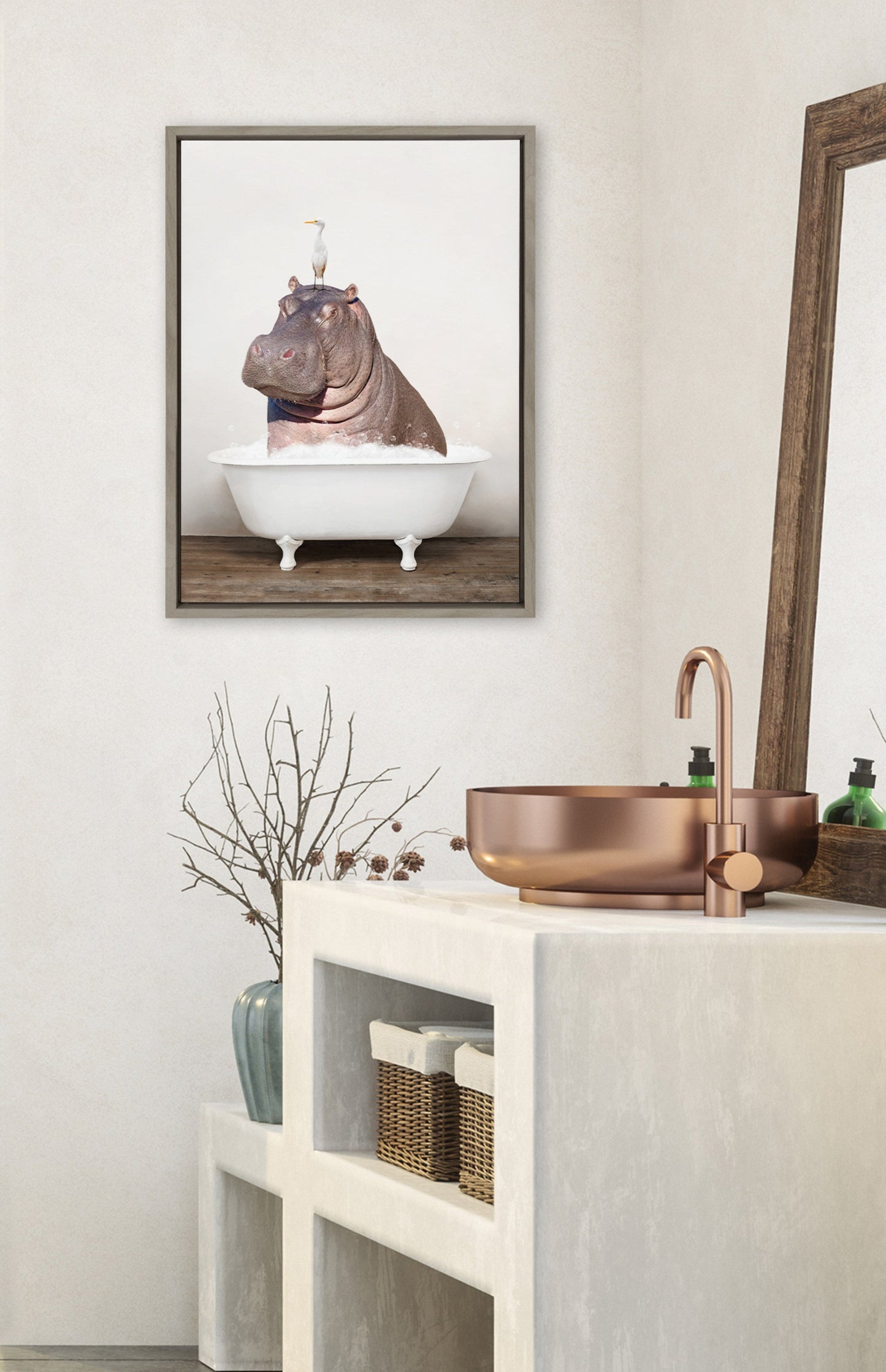 Hippo and Bird in Rustic Bath Framed Canvas Art