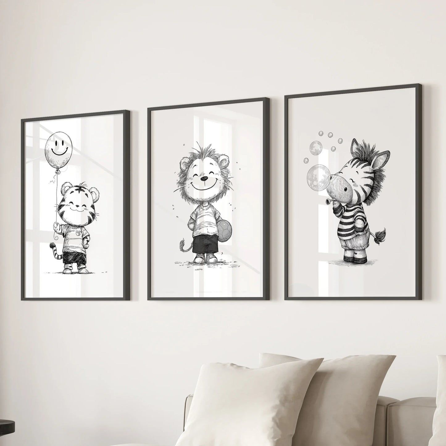 Black and White Safari Nursery Wall Art Set of 3 - Lion, Tiger, Zebra