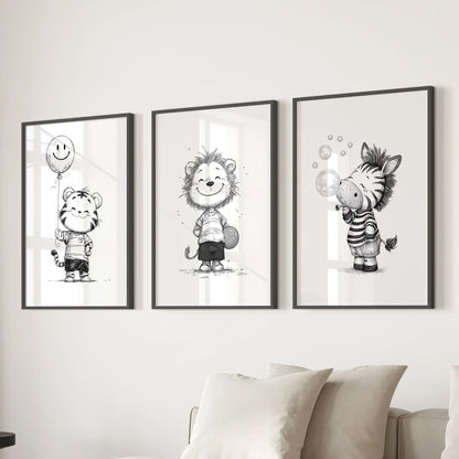 Black and White Safari Nursery Wall Art Set of 3 - Lion, Tiger, Zebra