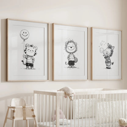 Black and White Safari Nursery Wall Art Set of 3 - Lion, Tiger, Zebra