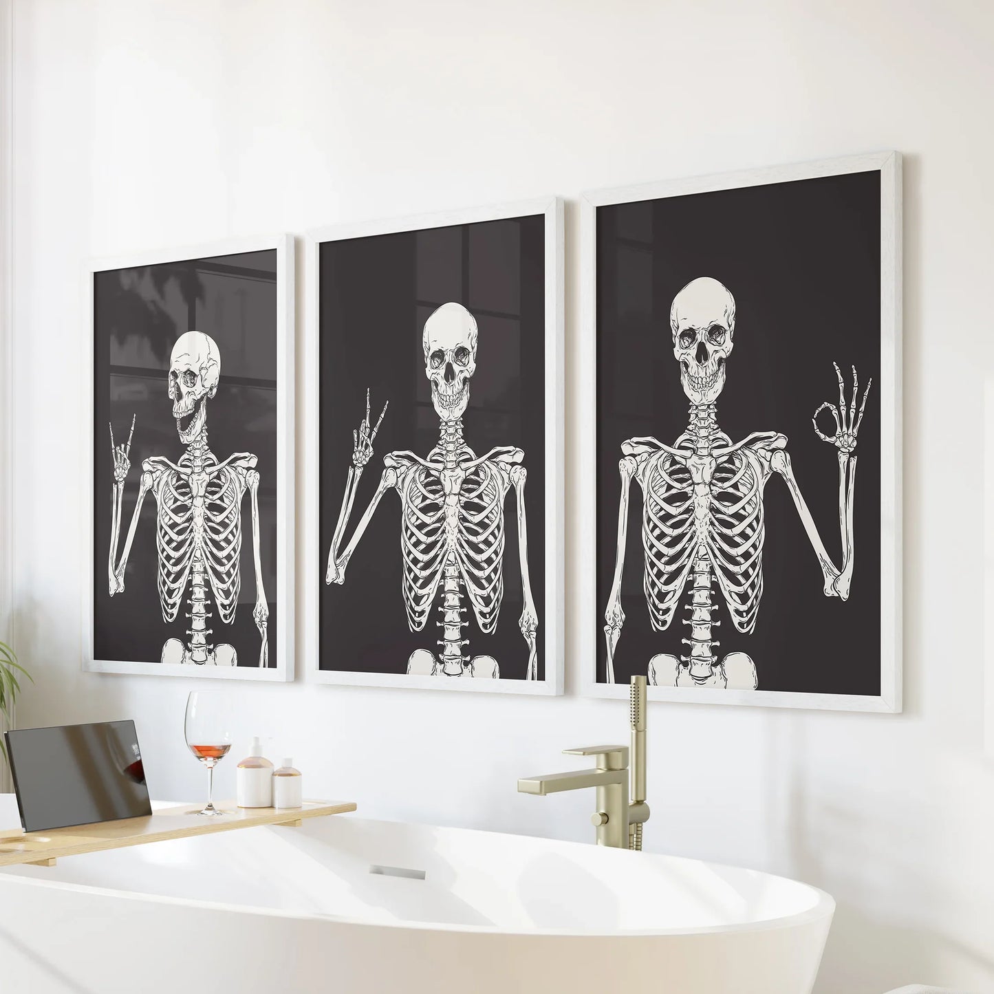 Skeleton Wall Art Set of 3 Black Gothic Prints