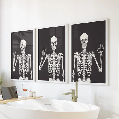 Skeleton Wall Art Set of 3 Black Gothic Prints