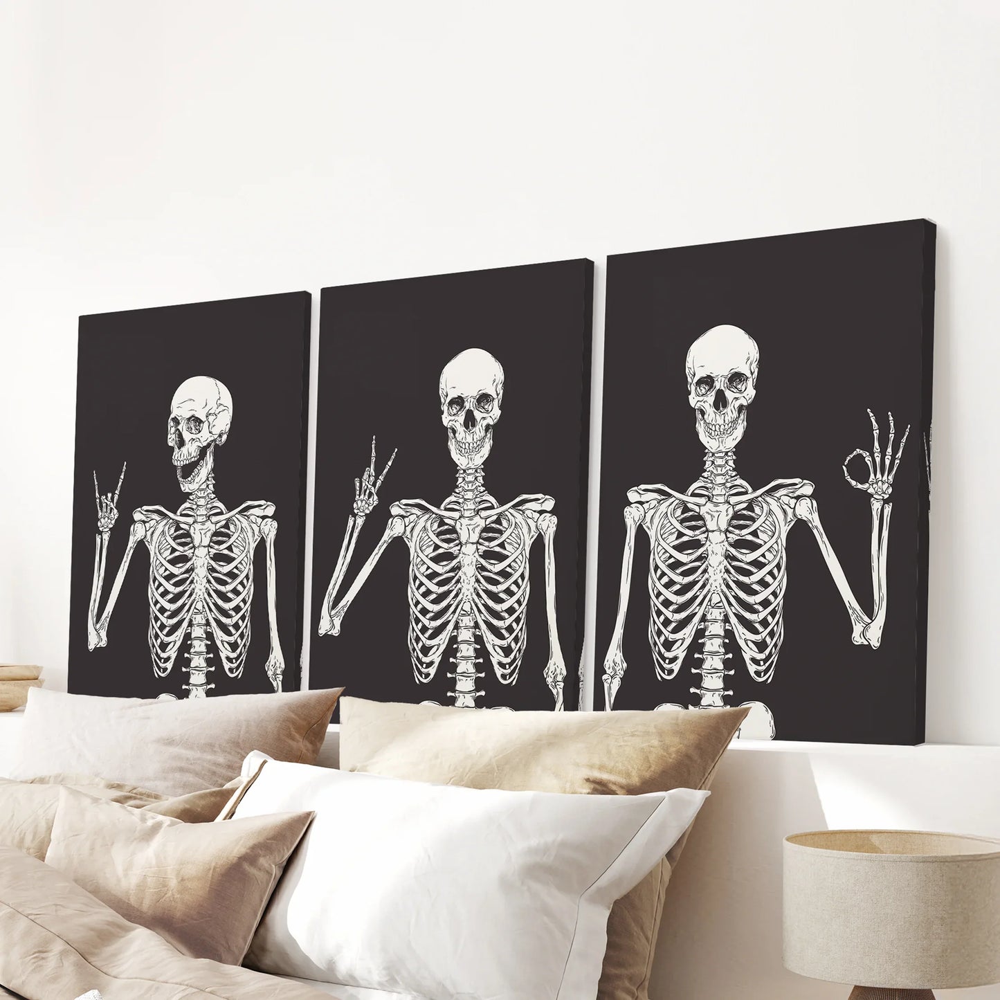 Skeleton Wall Art Set of 3 Black Gothic Prints