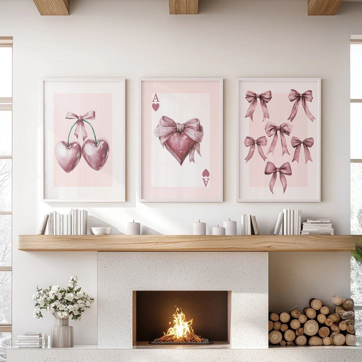 Coquette Cherry Wall Art Set of 3 Pink Romantic Decor