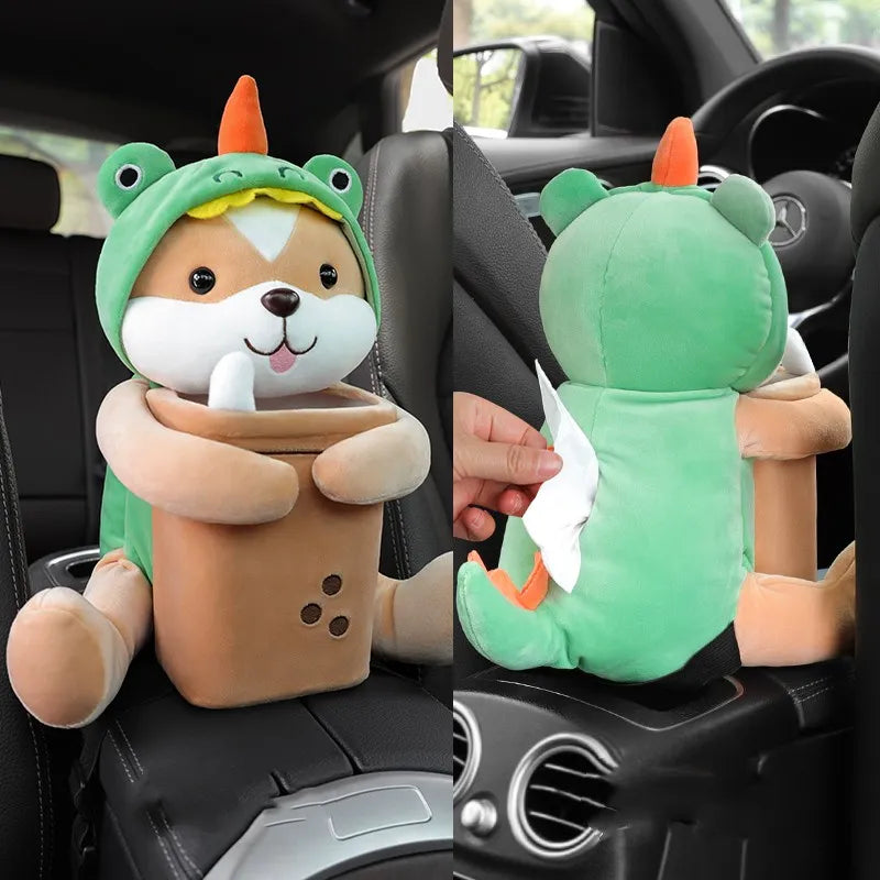 plush dog car tissue dispenser front and back