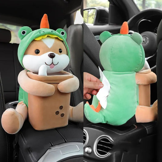 plush dog car tissue dispenser front and back