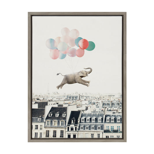 Happy Elephant in Paris Framed Canvas Wall Art Print