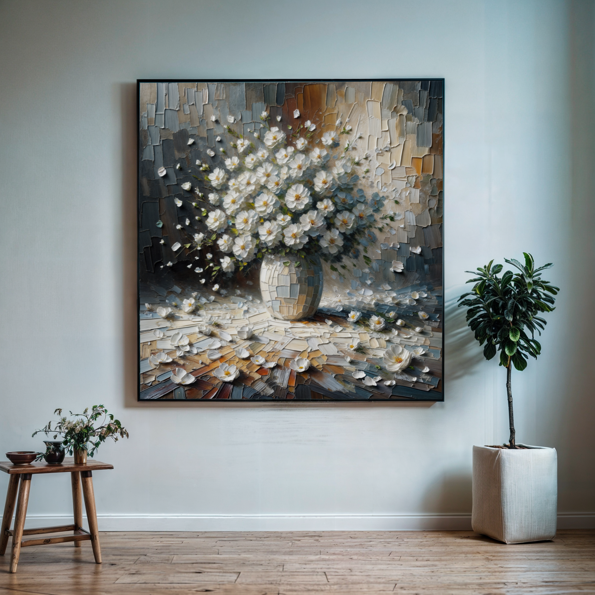 Porcelain Bloom white floral bouquet canvas wall art with delicate textured detail