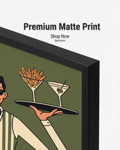 poster of a person holding a tray with fries and a martini glass on a green background, framed as a premium matte print.