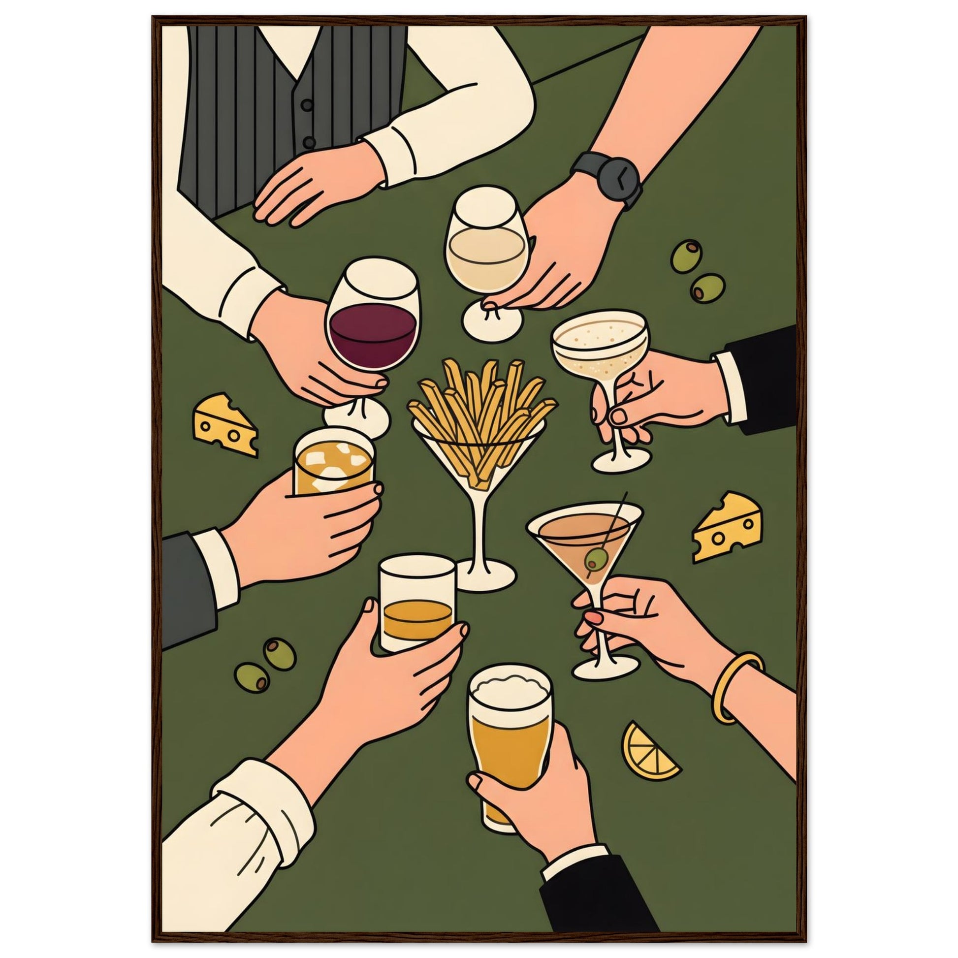 poster of people enjoying drinks and snacks at a table.