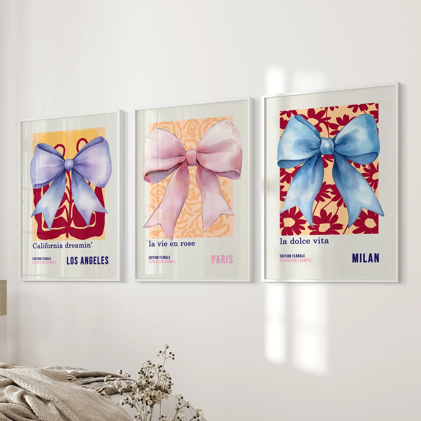 Girly Bow Wall Art Set of 3 Preppy Pastel Prints