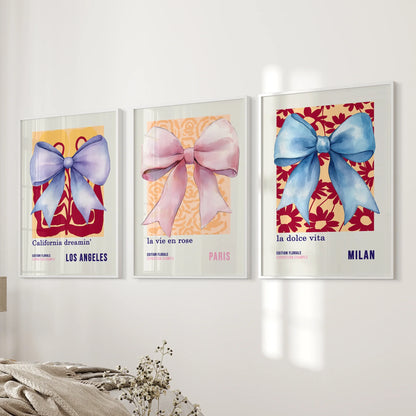 Girly Bow Wall Art Set of 3 Preppy Pastel Prints
