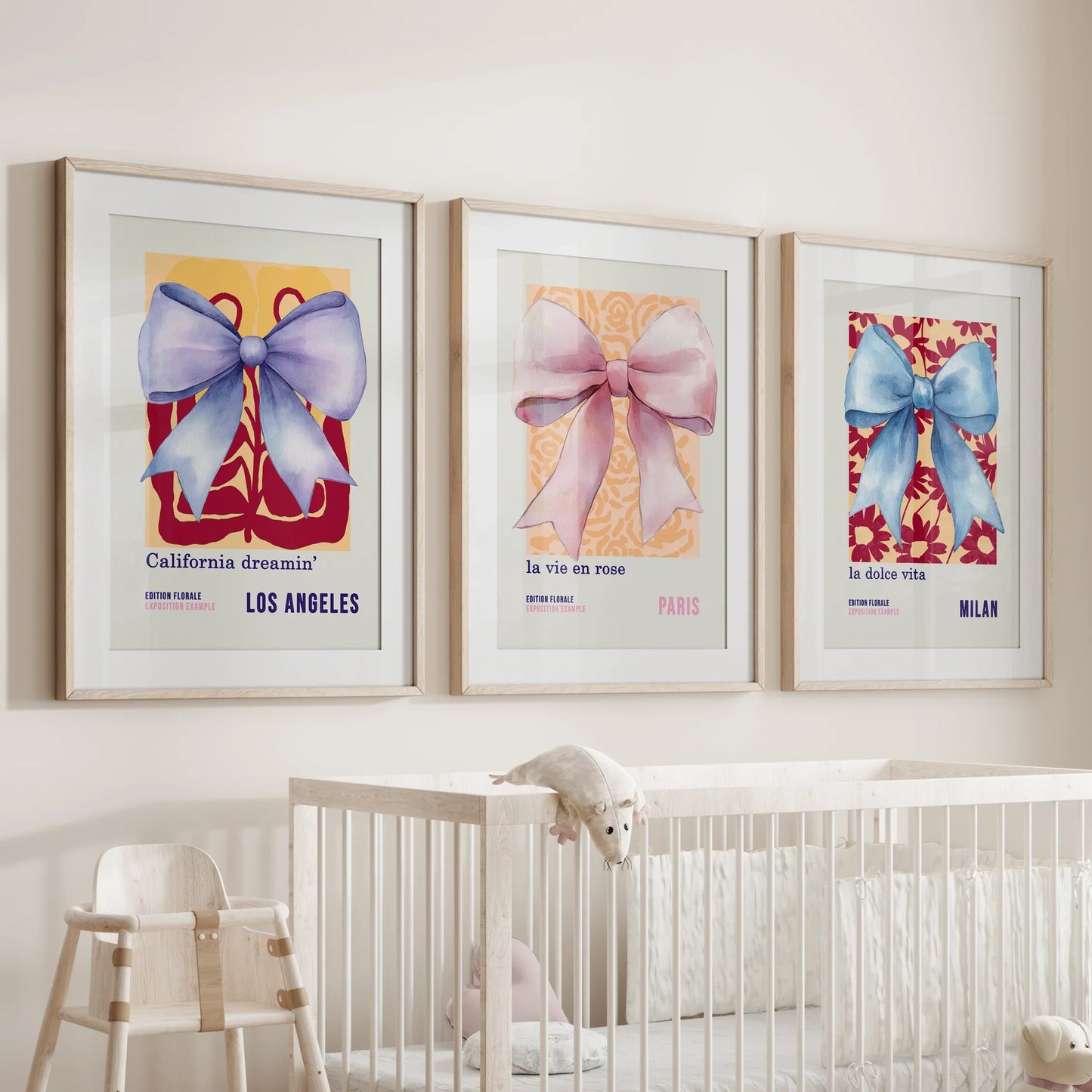 Girly Bow Wall Art Set of 3 Preppy Pastel Prints