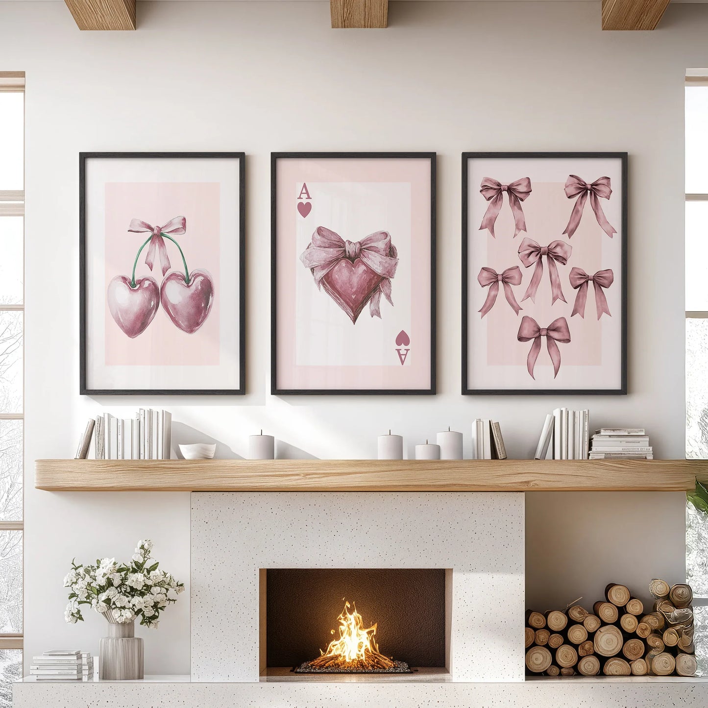Coquette Cherry Wall Art Set of 3 Pink Romantic Decor