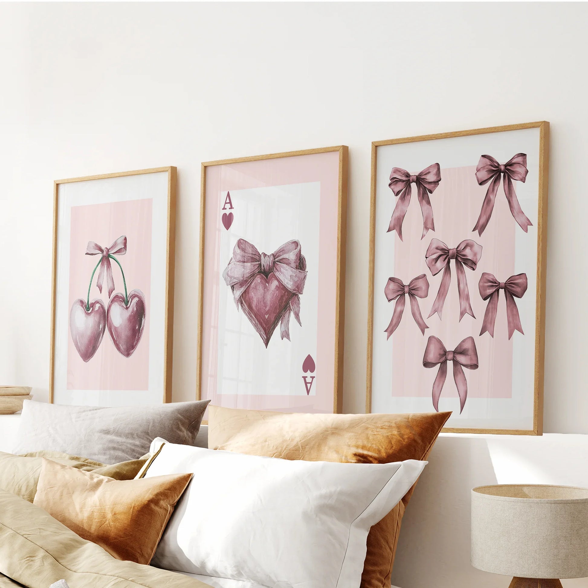 Set of 3 coquette cherry pink romantic wall art prints