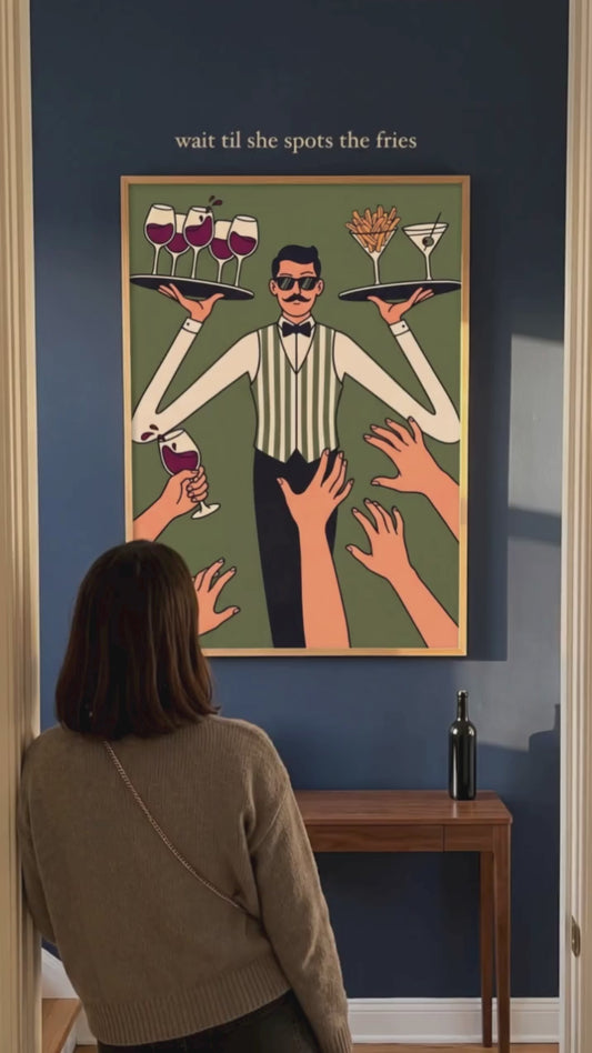 Retro Waiter Bar Art, Framed Server Wall Decor